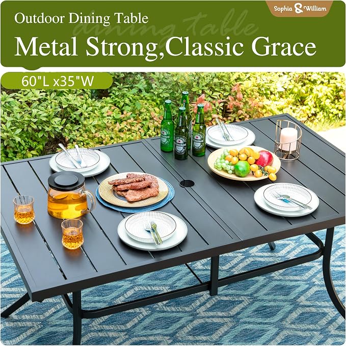 Sophia & William Patio Dining Set 7 Piece Outdoor Table Furniture Set - 6 Padded Swivel Dining Chairs and 1 Rectangular Metal Table with Umbrella Hole for Garden Deck