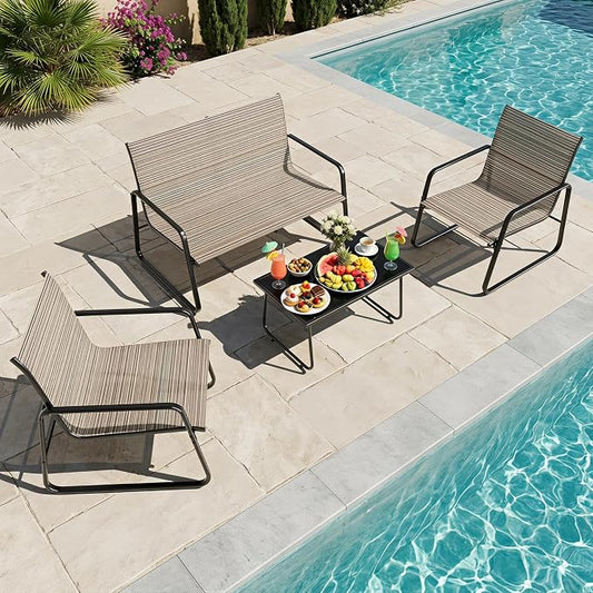 Gotland 4-Piece Outdoor Patio Furniture Set, Textilene Fabric Metal Patio Conversation Set with Loveseat 2 Chairs Tempered Glass Coffee Table, Patio Set for Backyard, Lawn, Porch, Pool, Garden, Brown