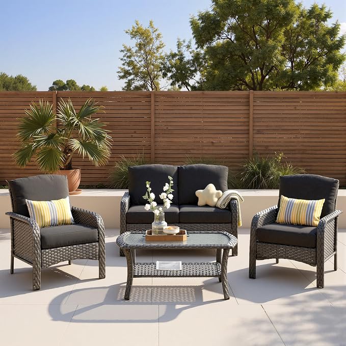 4-Piece Patio Furniture Set, Outdoor Wicker Furniture with Coffee Table, All Weather High Back Loveseat Patio Chairs, Modern Rattan Outdoor Chairs Conversation Set for Porch, Balcony, Garden,Black