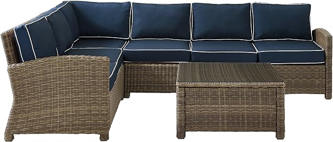 Crosley Furniture Bradenton 5-Piece Outdoor Sectional Sofa Wicker Conversation Patio Furniture Set for Deck, Brown with Navy Cushions