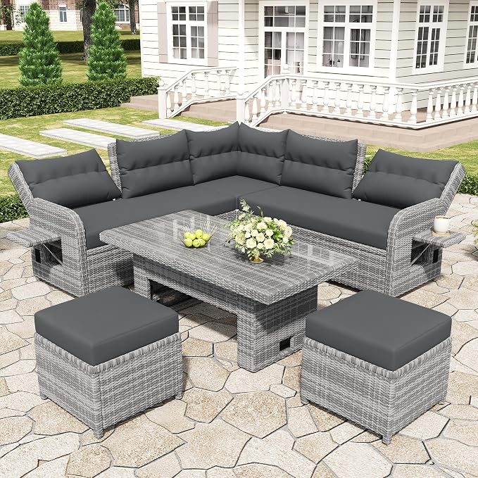 Outdoor Patio Rattan Sectional Sofa Set with Adjustable Height Table and 2 Ottomans, All-Weather Conversation Sets with Seats Side Tables and Adjustable Backrest for Garden Backyard (Grey-2.19)