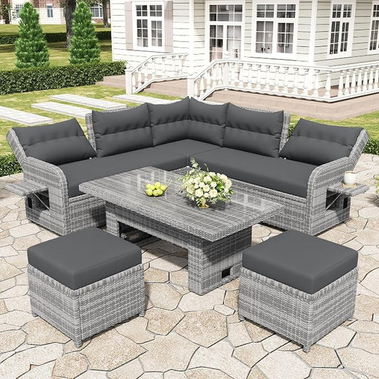 Outdoor Patio Rattan Sectional Sofa Set with Adjustable Height Table and 2 Ottomans, All-Weather Conversation Sets with Seats Side Tables and Adjustable Backrest for Garden Backyard (Grey-2.19)