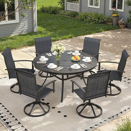7 Pieces Round Patio Dining Set, Outdoor Furniture of 50" Round Patio Table and Patio Swivel Chairs for Backyard Lawn Garden, Black Table and Black Chairs