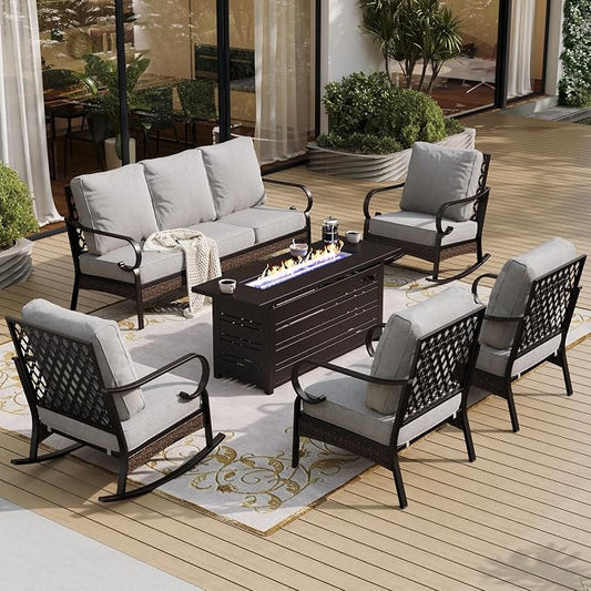 SUNSHINE VALLEY 6 Piece Black Metal Outdoor Patio Furniture Set with Firepit Table, Patio Conversation Sets 1 3-Seater Couch, 2 Sofa, 2 Rocking Sofa with 5.75" Cushion for Backyard Deck, Light Gray