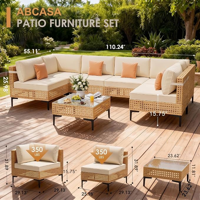 ABCASA Patio Sectional Furniture with Non-Slip Cushions, 110" Large 7-Piece Wicker Outdoor Patio Furniture Sets with Coffee Table,Boho Patio Conversation Set Sectional Sofa for Backyard,Porch,Beige