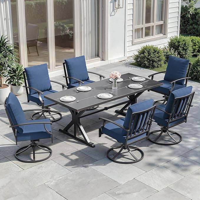 ALAULM 7-Piece Patio Dining Set,Outdoor Metal Dining Set with 6 Swivel Chairs & Rectangle Table with 1.5 Umbrella Hole, Patio Dining Table and Chairs for Backyard,Navy