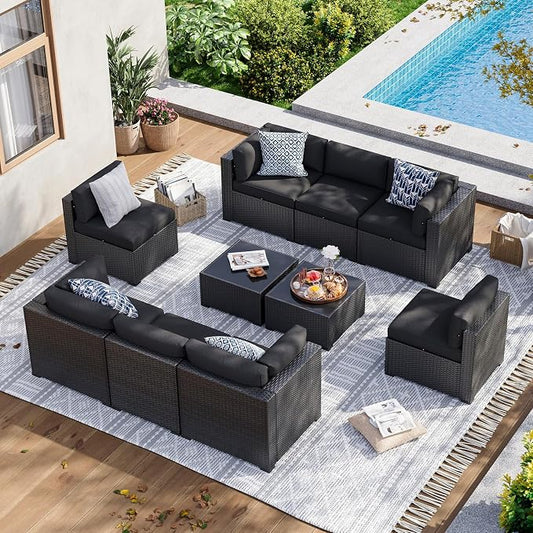 Aoxun 10 Piece Patio Furniture Set Wicker Patio Sectional Sofa Set Outdoor Seating Furniture with Thickened Cushion, Black