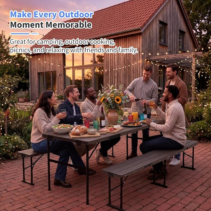 Polar Aurora Picnic Table Set with 2 Benches, 6 Feet Folding Camping Table Chair Set, Portable 3-Piece Outdoor Furniture with Wood Grain Top for Party, Picnic, Camping, Wedding (Brown)
