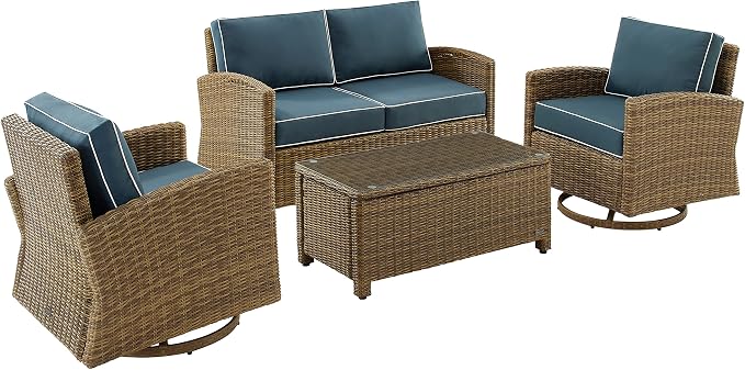 Crosley Furniture Bradenton 4-Piece Wicker Outdoor Loveseat and Swivel Rocker Patio Furniture Set for Porch, Brown with Navy Cushions