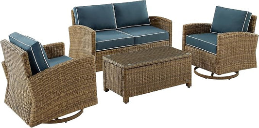 Crosley Furniture Bradenton 4-Piece Wicker Outdoor Loveseat and Swivel Rocker Patio Furniture Set for Porch, Brown with Navy Cushions