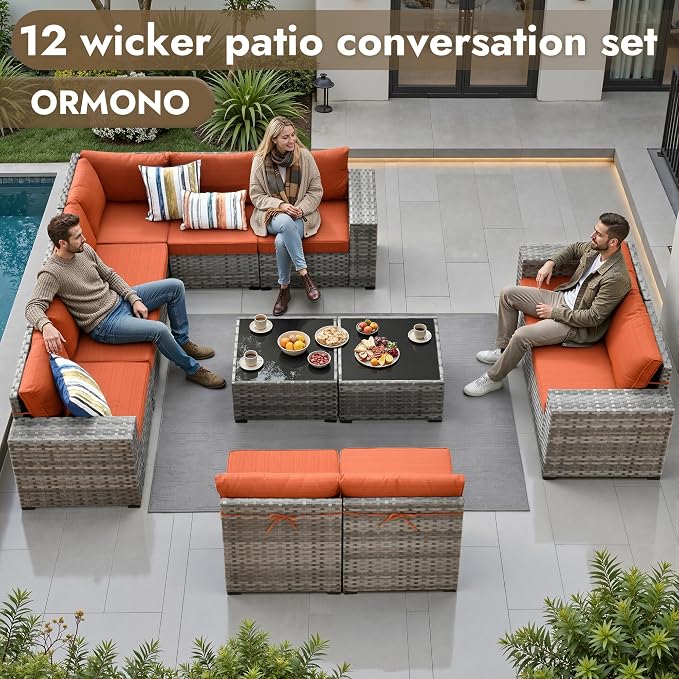 12 Pieces Patio Furniture Set, Wicker Outdoor Sectional Sofa with Coffee Table Comfy Cushions, Modern Modular Deep Seat Rattan Couch Conversation Set for Backyard Porch Yard,Orange