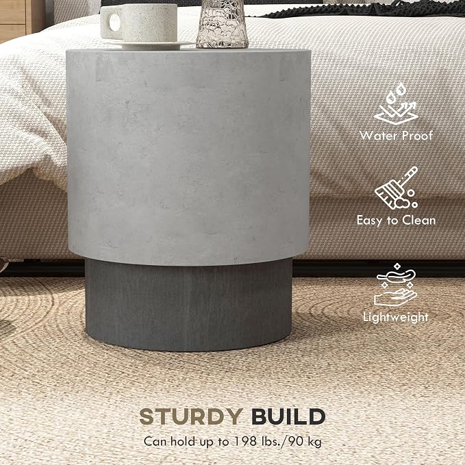 HOMCOM Concrete Finish End Table, Round Side Table with 4 Adjustable Feet, Lightweight for Indoor, Outdoor, Gray