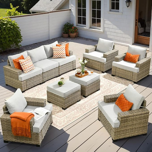 9 Pcs Outdoor Sectional Patio Furniture Set with Ottomans - All Weather Wicker Modular Outside Sectional Couch,Patio Seating Outdoor Conversation Sets for Deck Yard Garden,Grey