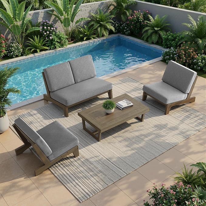 5 Pieces All Weather Wood Patio Furniture Sets, 2 Patio Loveseat, 2 Patio Bistro Chair, Outdoor Sectional Sofa Furniture Backyard Conversation Set with Coffee Table - Grey