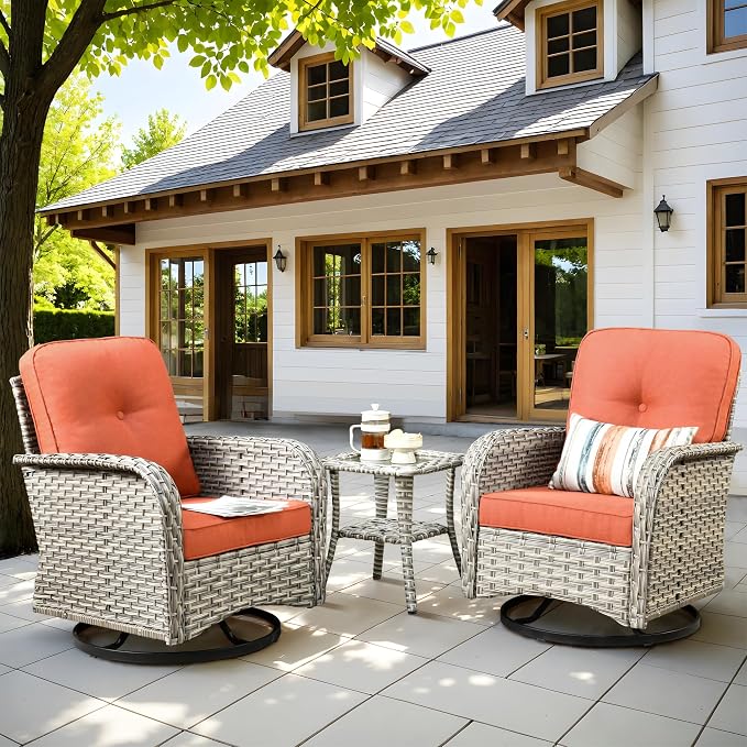 Outdoor Swivel Rocker Patio Chairs,Wicker Glider Swivel Rocking Chair Set of 2,Patio Rocking Swivel Chair Set with Rattan Side Table,Bold Red