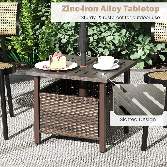 Outdoor Side Table with Umbrella Hole, Umbrella Table with Zinc-Iron Alloy Tabletop & Sturdy Galvanized Iron Frame, 22" Wicker End Table for Patio, Garden, Porch, Poolside(Mix Brown)