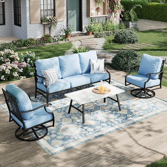 MIXPATIO Patio Furniture Set 4 pcs, Metal Outdoor Patio Furniture, 3-Seat Sofa, 2 Swivel Chairs, Coffee Table and 5.75" Extra Thick Cushion, Patio Conversation Set for Garden Backyard Deck,Blue