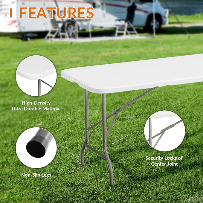 Elevon Folding Table Set with 8 White Folding Chairs,6 Feet Heavy Duty Fold-in-Half Utility Table Sets for Picnic, Event, Training, Outdoor Activities, at Home and Commercial Use