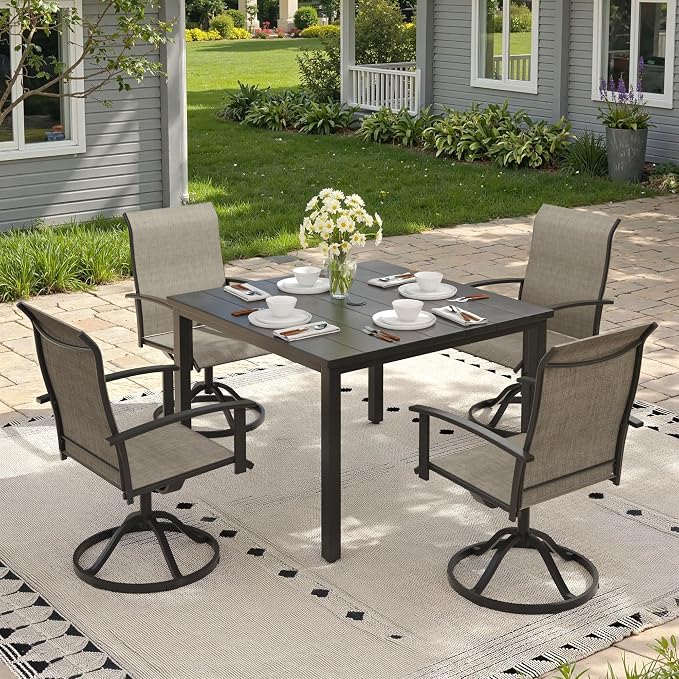 5 Pieces Patio Dining Set, Outdoor Furniture of 40.2" Square Patio Table and Patio Swivel Chairs for Backyard Lawn Garden, Black Table and Mixed Brown Chairs