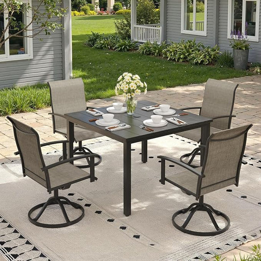 5 Pieces Patio Dining Set, Outdoor Furniture of 40.2" Square Patio Table and Patio Swivel Chairs for Backyard Lawn Garden, Black Table and Mixed Brown Chairs