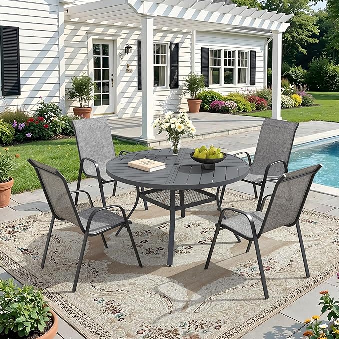 DIFY 5 Piece Outdoor Dining Set, 40" Round Metal Dining Table and Textilene Stackable Patio Chairs, Patio Table and Chairs Set for 4 with Umbrella Hole for Backyard Garden Deck, Grey