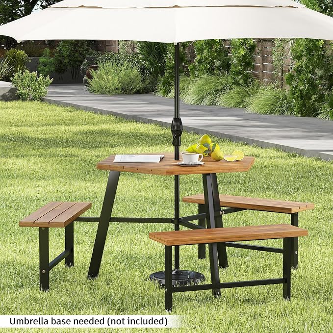 Tangkula 6 Person Acacia Wood Picnic Table, Outdoor Hexagonal Table and Bench Set with 3 Built-in Benches, Umbrella Hole & Metal Frame for Patio Backyard Garden Poolside