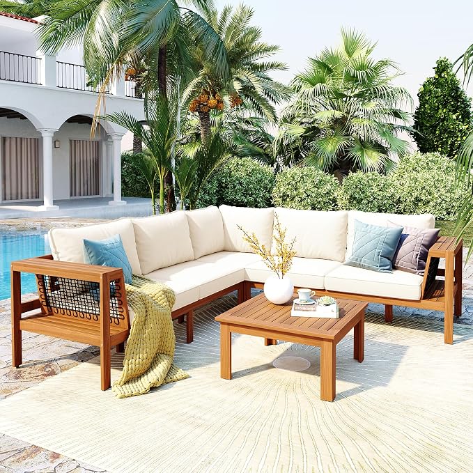 4 Piece Patio Furniture Sofa Set with Coffee Table and Woven Mesh Armrests, L-Shaped Outdoor Acacia Wood Sofa Conversation Set with Gray Cushions and Side Table, Beige Cushion