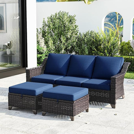 Joyside Patio Furniture Set, 3 Pieces Outdoor Wicker High Back Sofa with Ottoman and Comfy Cushions, Upgraded Large Size, All Weather High Back Conversation Set, (Brown/Blue)
