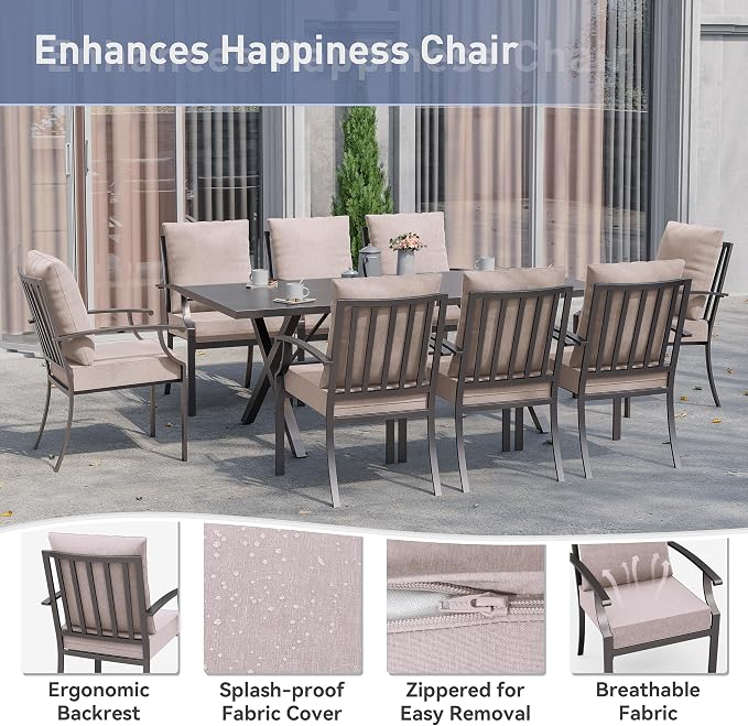 Kurapika 9 Pieces Patio Dining Set Outdoor Furniture with 8 Fixed Chairs, Metal Patio Furniture Set 8 Chairs and Large Table with Umbrella Cutout for Yard Porch, Sand