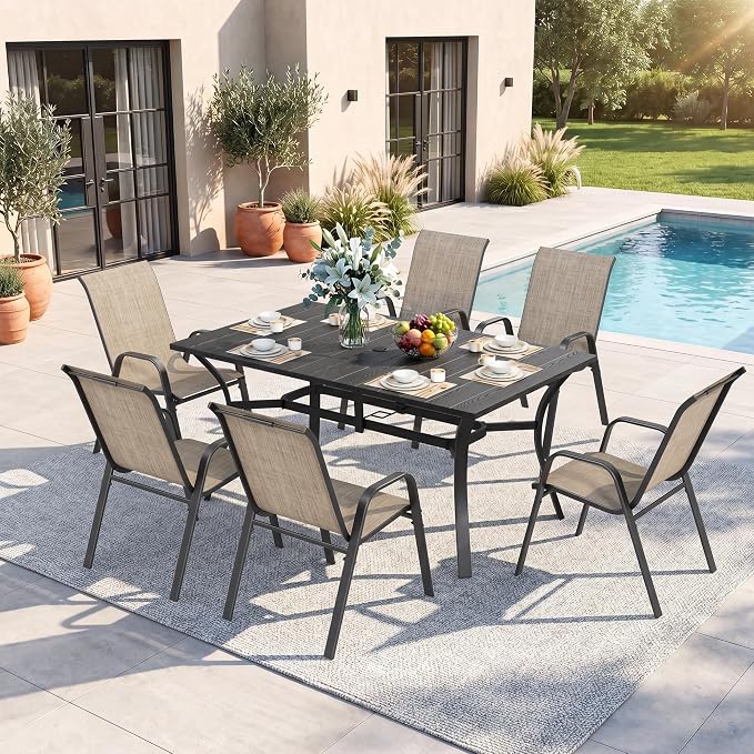 Outdoor Dining Set for 6, Patio Metal Table and Chairs Set with 1.97'' Umbrella Hole, 7pcs Patio Furniture Set 63”x37.8” Dining Table Set with Stackable Chairs for Backyard Pool Deck