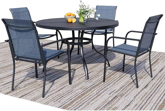 5 Piece Patio Dining Set for 4, 42” Black Round Table with Umbrella Hole and 4 Blue Patio Stackable Chairs, Patio Table and Chairs for Backyard, Lawn, Deck & Garden