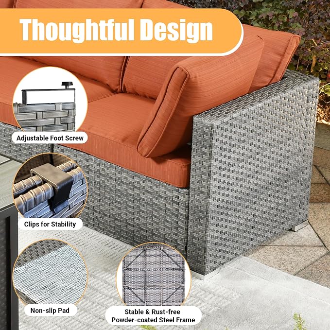 Weaxty 8 Piece Outdoor Sectional with Fire Pit Table, All Weather Wicker Patio Furniture Set with Swivel Rocker Chair Coffee Table, Thick Cushion Couch Conversation Sets for Garden Deck Backyard Red