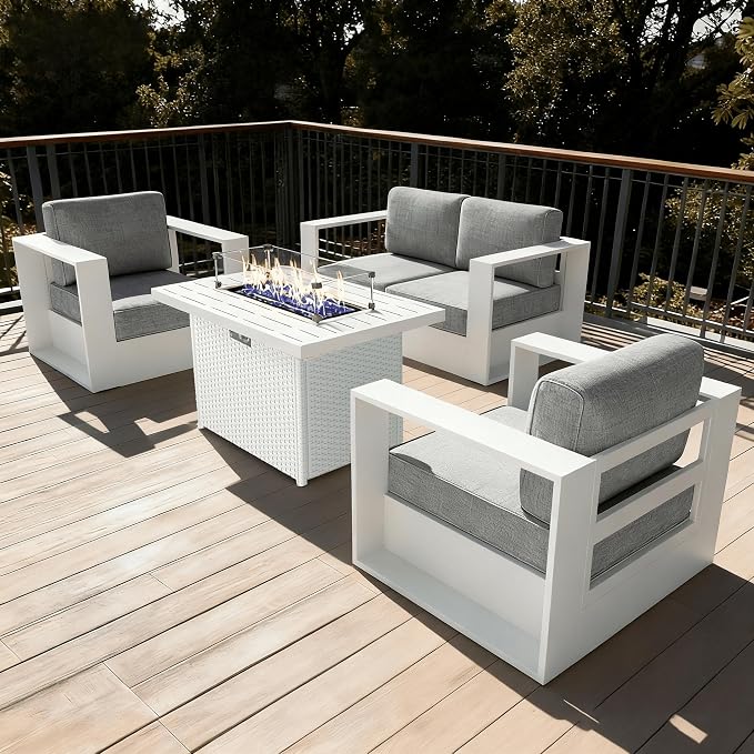 LayinSun Oversized Aluminum Outdoor Furniture Set, 4 Piece Patio Sofa Sets with Fire Pit Table, Deep Seating and Upgraded 6-inch Cushions for Porch, Balcony, Deck