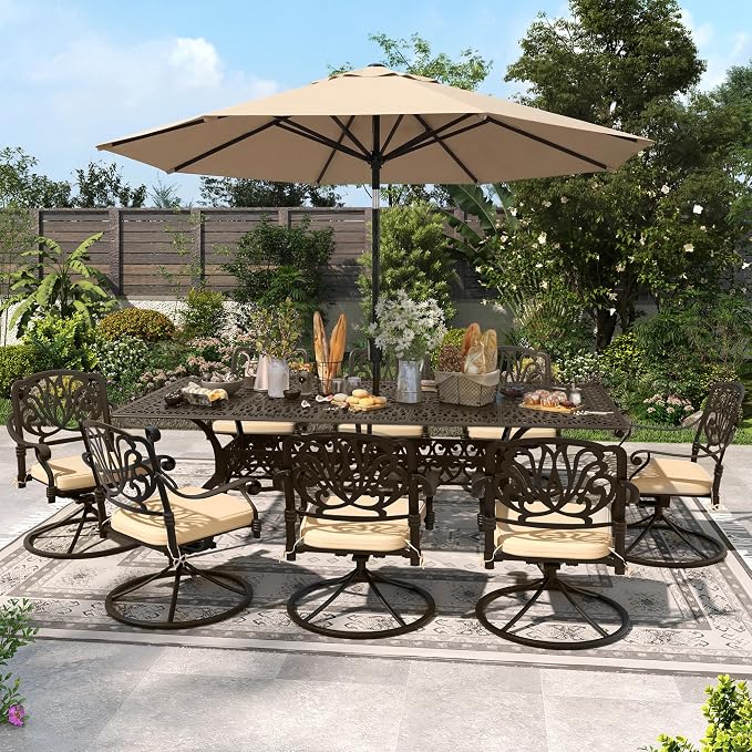 9-Piece Outdoor Dining Set, Retro Bronze Cast Aluminum Patio Furniture Include 86.6" Rectangle Table and 8 Fixed Chairs with Cushion and Umbrella Hole for Patio Deck Garden