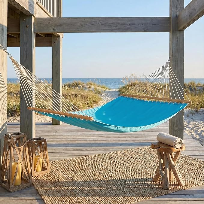 Fab Habitat Solid Recycled Polyester Hammock - Fargo - Blue - Indoor/Outdoor, Quick Dry, 2 Person 460 lbs Capacity - Patio, Poolside, Backyard, Garden, Beach, Balcony - 12-14 ft Adjustable