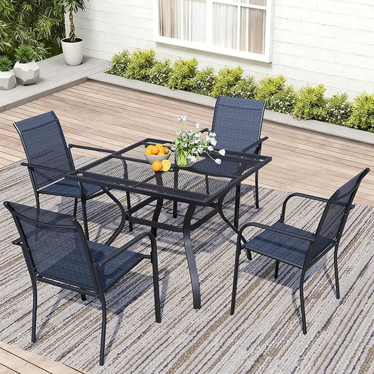 5 Piece Patio Dining Set for 4, 37.5” Black Square Table with Umbrella Hole and 4 Dark Blue Patio Stackable Chairs, Patio Table and Chairs for Backyard, Lawn, Deck & Garden