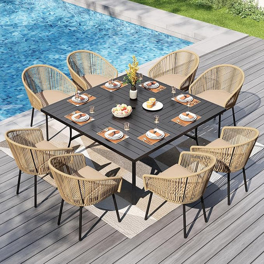 PHI VILLA 9-Piece Patio Dining Set, 57" Square Table, Wicker Chairs | Outdoor dining set for 8, Metal table with umbrella hole, Cushioned brown wicker chairs. Modern design for patio, deck, porch
