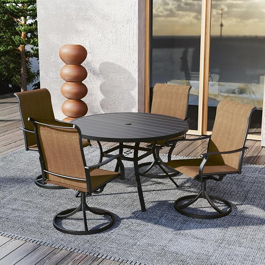 Outdoor Patio 48" Round Table and Brown Swivel Chairs Dining Set 5 Style1 | 4 Piece Swivel Chairs: High Back, Retro Armrest, Textilene Fabric, Rocking; 48 inch Metal Round Table, All Weather