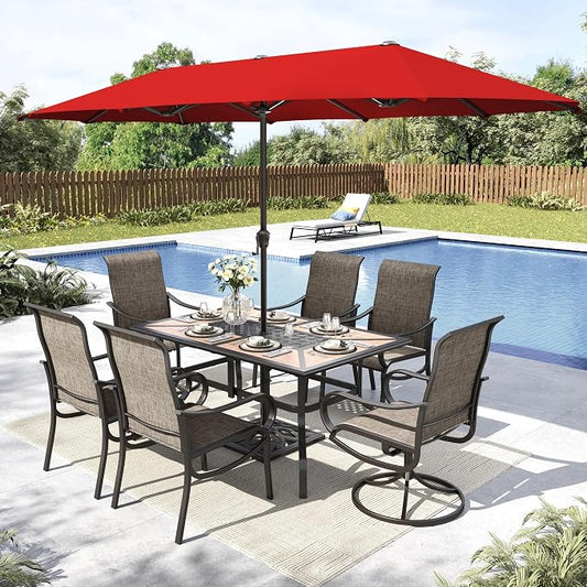 MFSTUDIO Outdoor Dining Set with Umbrella, Patio Dining Set for 6 Persons, Patio Furniture Set with 1 Rectangular Table Fixed Chairs 2 Swivel Chairs & Orange Red Umbrella (Base not Included)