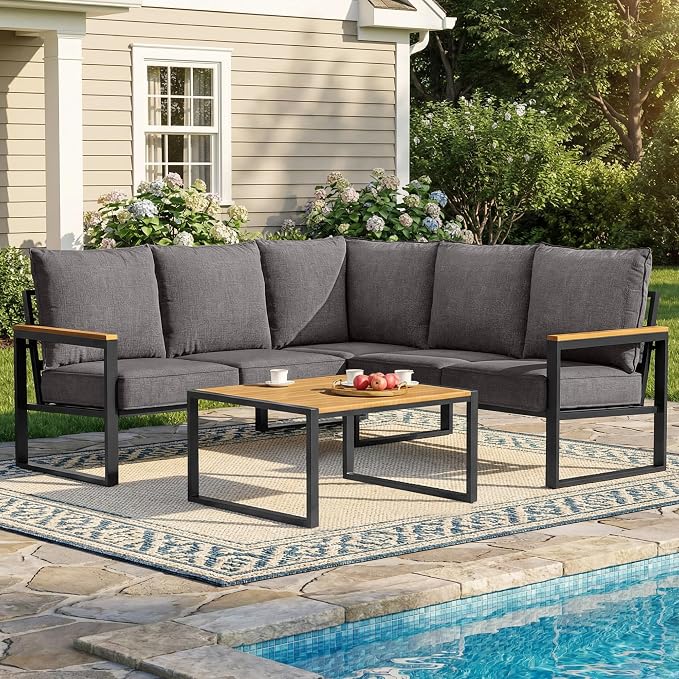 Metal Patio Furniture Set, 6 Pieces Outdoor Sectional Sofa Set with Side Table, L Shape Patio Conversation Set with Faux-Wood Tabletop, Outdoor Couch for Balcony, Porch, Backyard, Grey