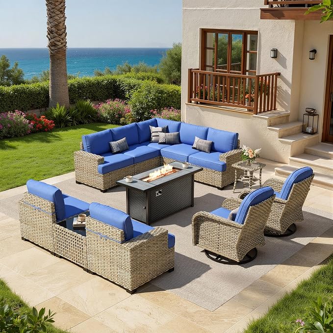 HOOOWOOO Sectional Patio Furniture Set with Fire Pit Table,12 Pieces Wicker Outdoor Furniture L Shaped Couch,Outside Conversation Set Extra Deep Seat Sofa Wide Arm Swivel Chairs Solar Light,Navy Blue