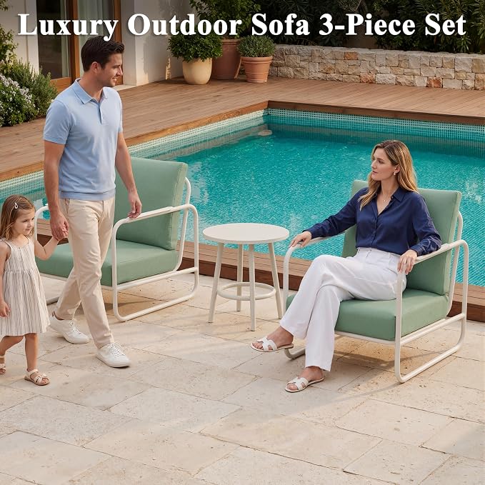 3 Pieces Aluminum Outdoor Patio Conversation Set, 6" Cushions & Coffee Table, All-Weather Rust-Resistant Frame for Porch Garden Backyard, White