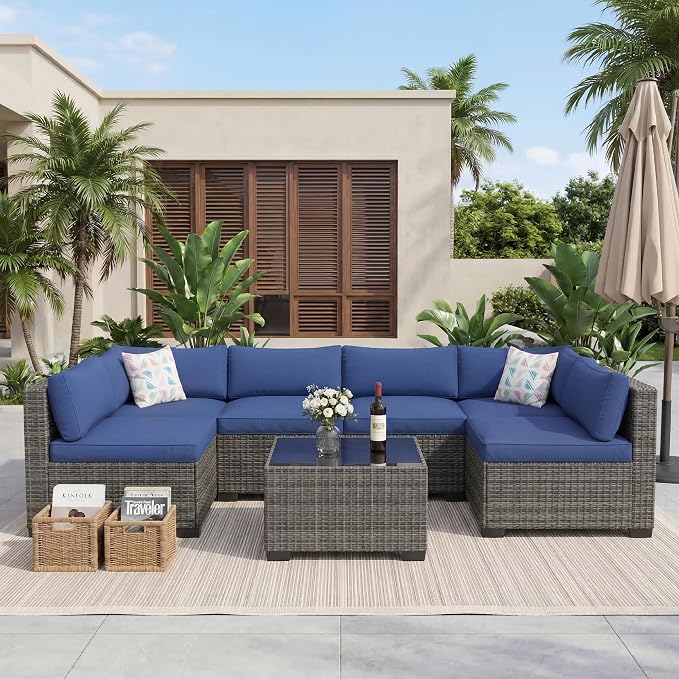 7 PCS Outdoor Sectional Furniture Set, Wicker Conversation Set Sofa, Gray | Freely combinable outdoor conversation sofa Weather resistant rattan wicker furniture Easy clean