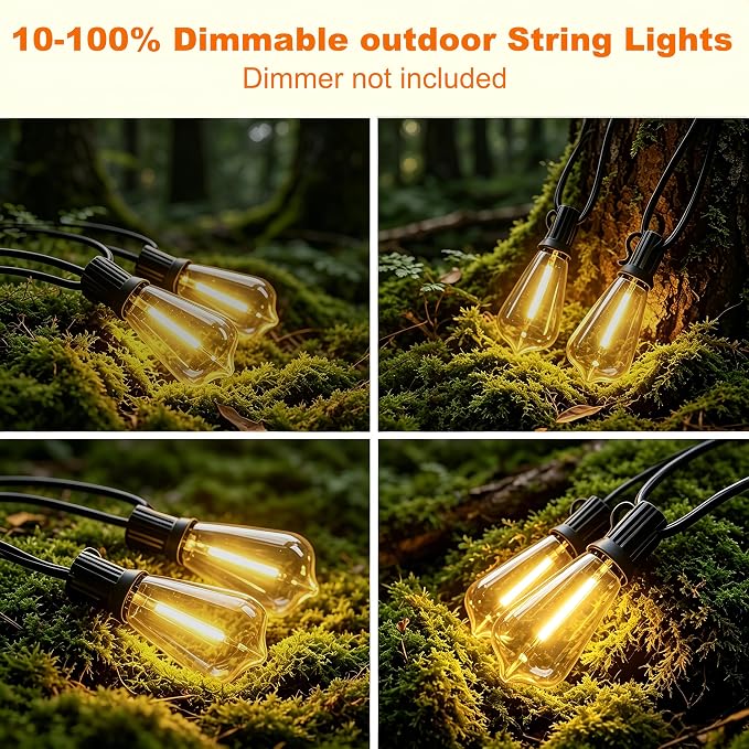 Outdoor String Lights, Waterproof Shatterproof ST38 Vintage Bulbs | 50FT Length, Dimmable & Connectable, 2700K Warm White, ideal for Balcony, Porch, Party, Patio & Indoor Decoration