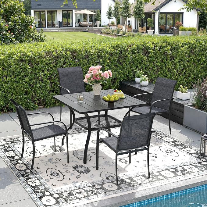 DIFY 5 Pieces Outdoor Dining Table Chair Set, Patio Dining Set with 1 Black Square Curved Legs Table with and Umbrella Hole & 4 Grey Stackable with Armrests Chairs for Lawn, Garden, Porch