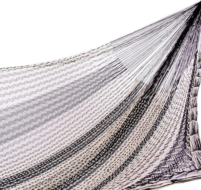 NOVICA Beige Gray White Striped Cotton Hand Woven Mayan Rope 2 Person XL Hammock with Hanging Accessories, 'Midnight Riviera' (Double)