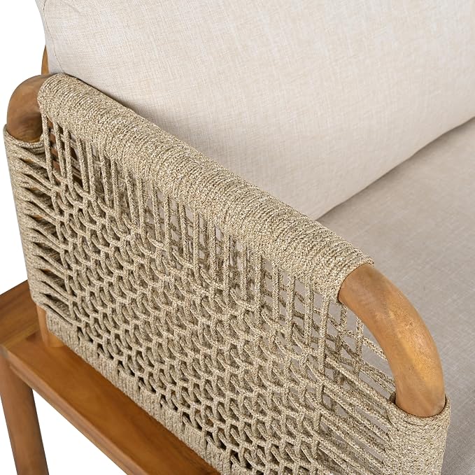 JIVOIT Outdoor Armchair, Acacia Wood and Rope Club Chair with Cushions, Mid Century Design Comfortable Single Armchair for Backyard Porch Garden Balcony