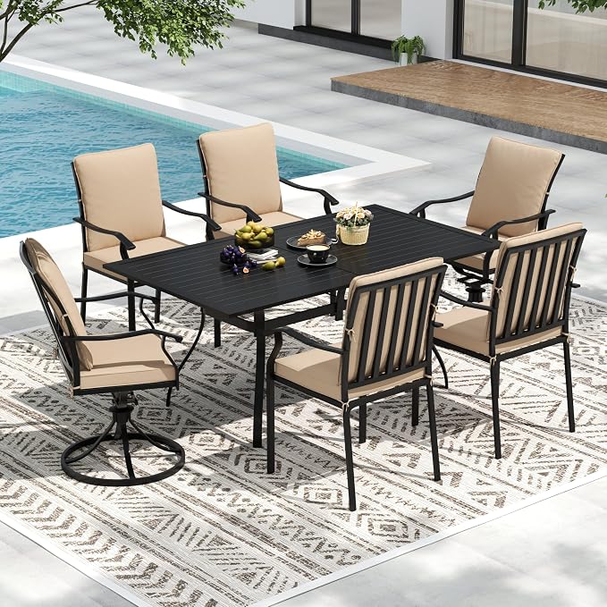 7 Piece Outdoor Patio Dining Set, 62’’ Rectangular Metal Dining Table & 4pcs Metal Dining Chairs & 2pcs Swivel Rocking Chairs , Outdoor Furniture Dining Set for Patio, Balcony, Lawn, Garden, Backyard