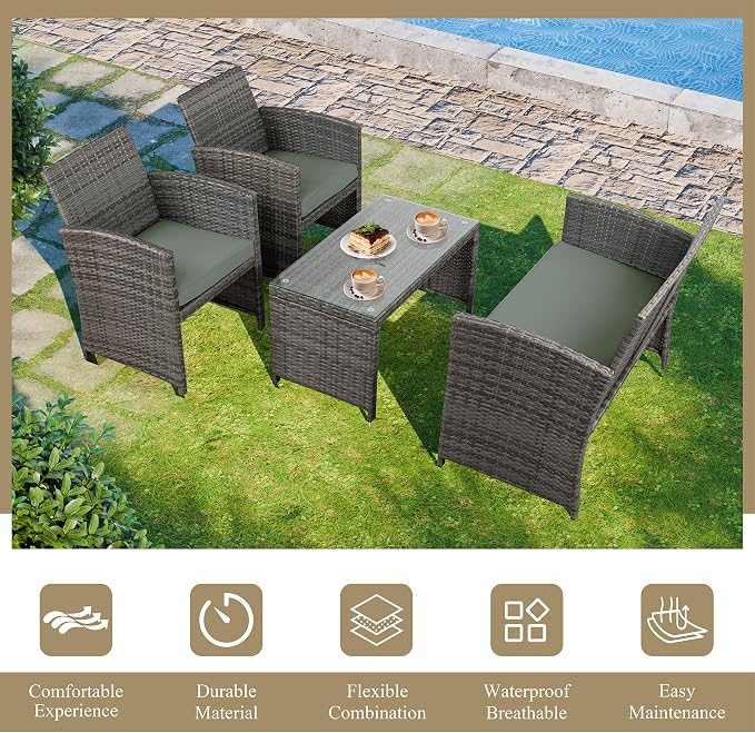 JAMFLY 4 Piece Outdoor Patio Furniture Set, Outdoor Wicker Rattan Chairs Conversation Sets with Cushions & Coffee Table for Outside, Garden, Balcony, Porch, Grey