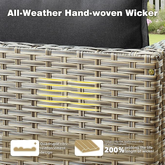CAODOC 11 Pieces Outdoor Patio Furniture Set, Rattan Wicker Sectional Swivel Rocker Chairs Sets with Fire Pit, Swivel Glider Chairs, and Solar Powered Table